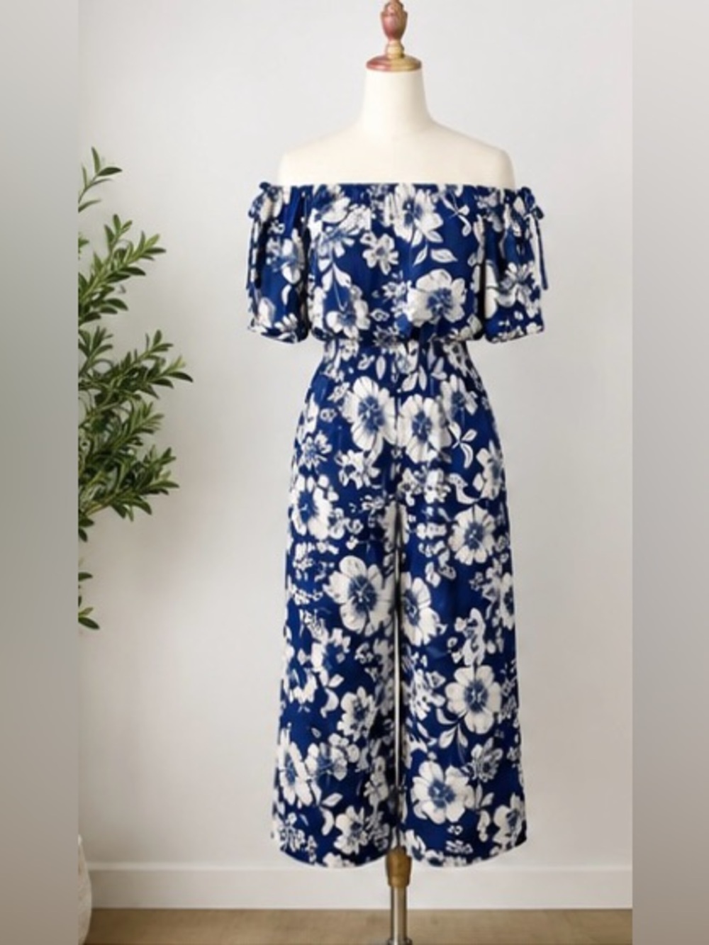 AUW Navy Blue White Floral Off Shoulder Wide Leg Jumpsuit Size 10